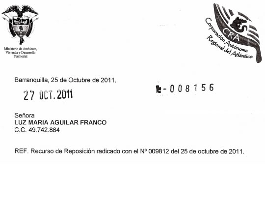 Respuesta a Recurso de Reposición radicado con el N° 009812 el 25 de octubre de 2011.