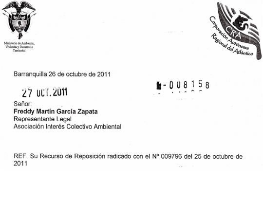 Respuesta a Recurso de Reposición radicado con el N° 009796 el 25 de octubre de 2011