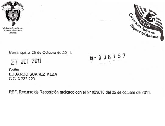 Respuesta a Recurso de Reposición radicado con el N° 009810 el 25 de octubre de 2011.